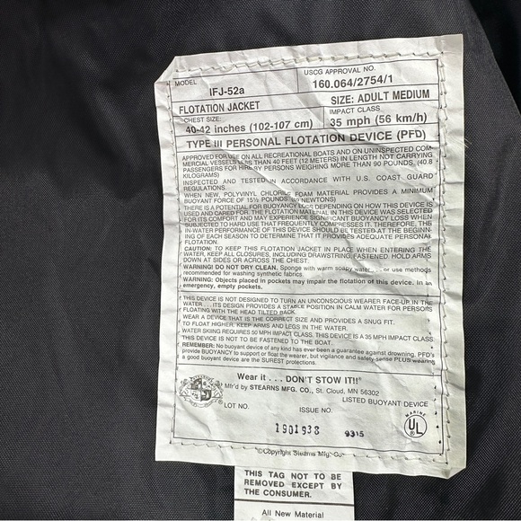 Vintage 90s Stearns Flotation Coast Guard PFD III Hooded Full Zip Coat Jacket - Picture 6 of 7